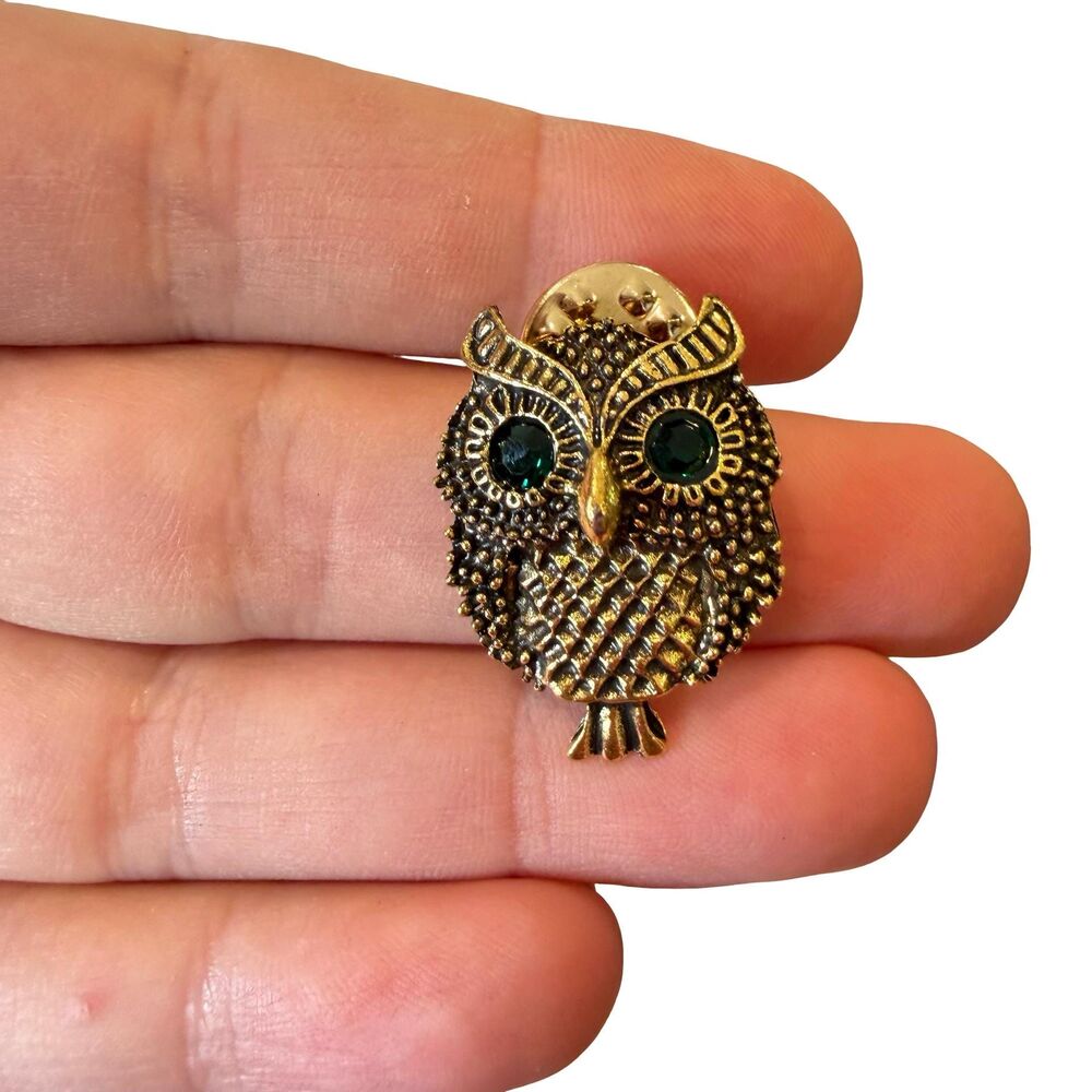 Vintage Jewelry Owl Pin with Green Rhinestone Eyes Owl Jewelry
